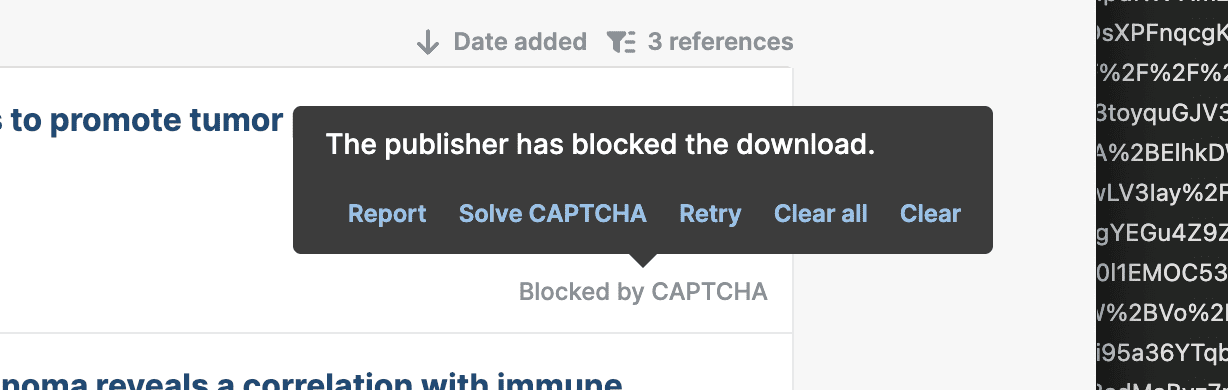 A “Blocked by CAPTCHA” status on a reference with a tooltip reading “The publisher has blocked the download.” and Report, “Solve CAPTCHA”, Retry, “Clear all” and Clear links.